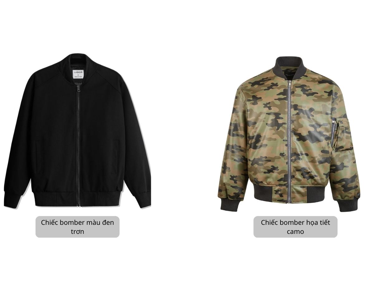 Chiếc bomber màu đen trơn và chiếc bomber họa tiết camo