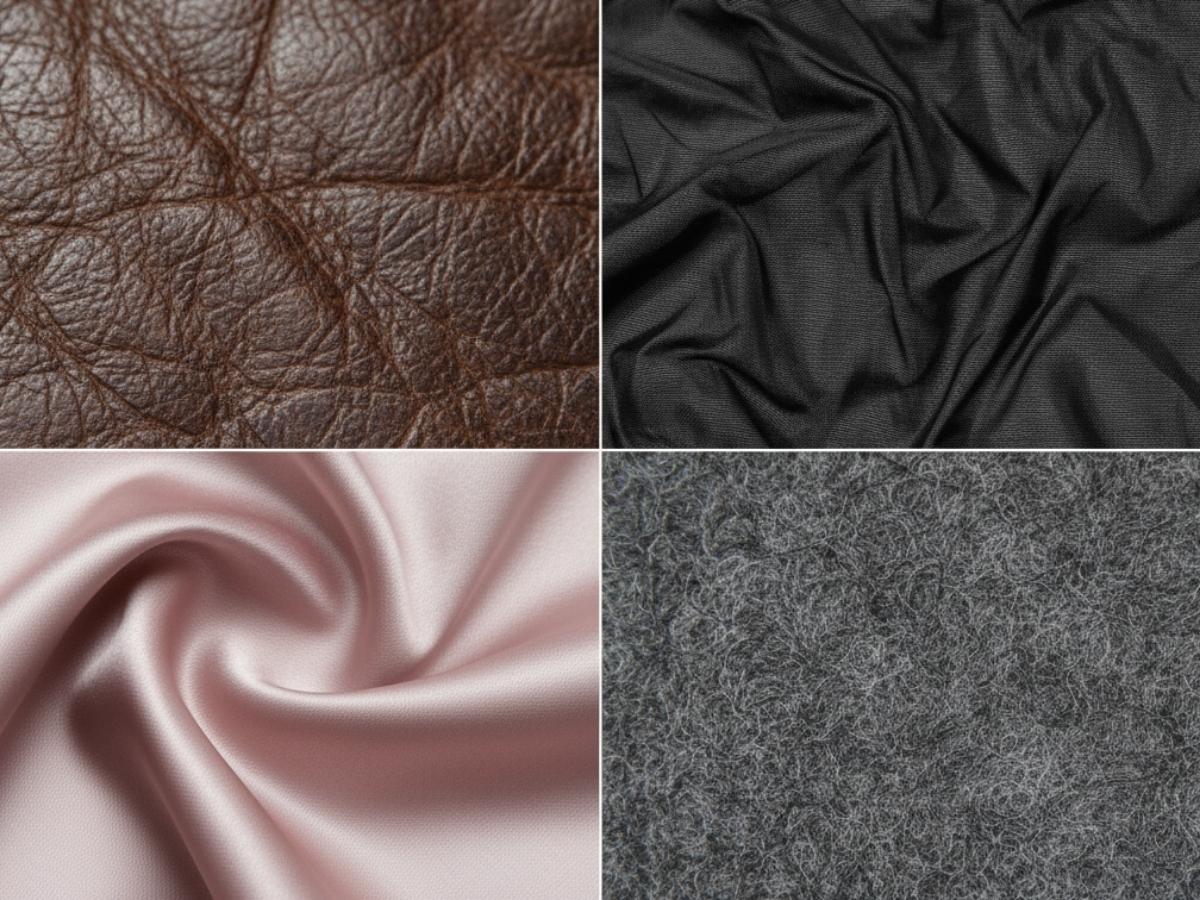 Cận cảnh bề mặt các loại chất liệu: da, nylon, satin, và nỉ