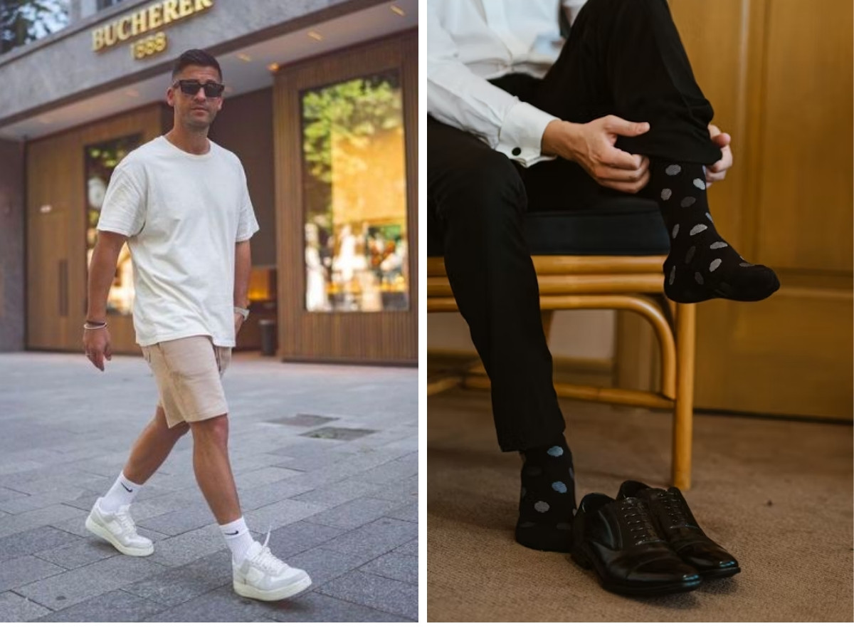 Phối đồ sneakers trắng phối tất trắng và quần short và sneakers đen phối tất họa tiết và quần tây