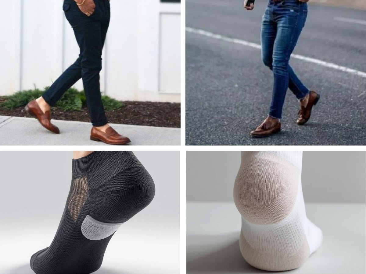 Người đàn ông đi giày lười, hoàn toàn không thấy tất, tạo cảm giác gọn gàng và đôi tất giấu có miếng đệm silicon ở gót