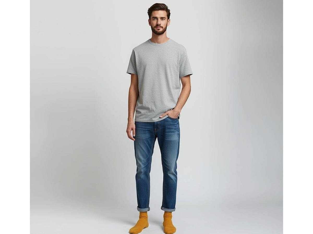 Phong cách street style, mặc quần jeans, áo thun trơn nhưng nổi bật nhờ đôi tất màu vàng mù tạt