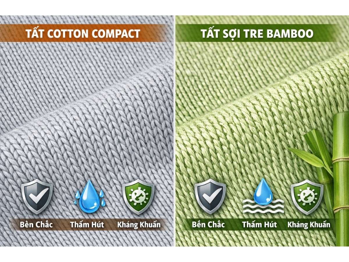 Cận cảnh bề mặt vải của tất Cotton Compact và tất sợi tre Bamboo