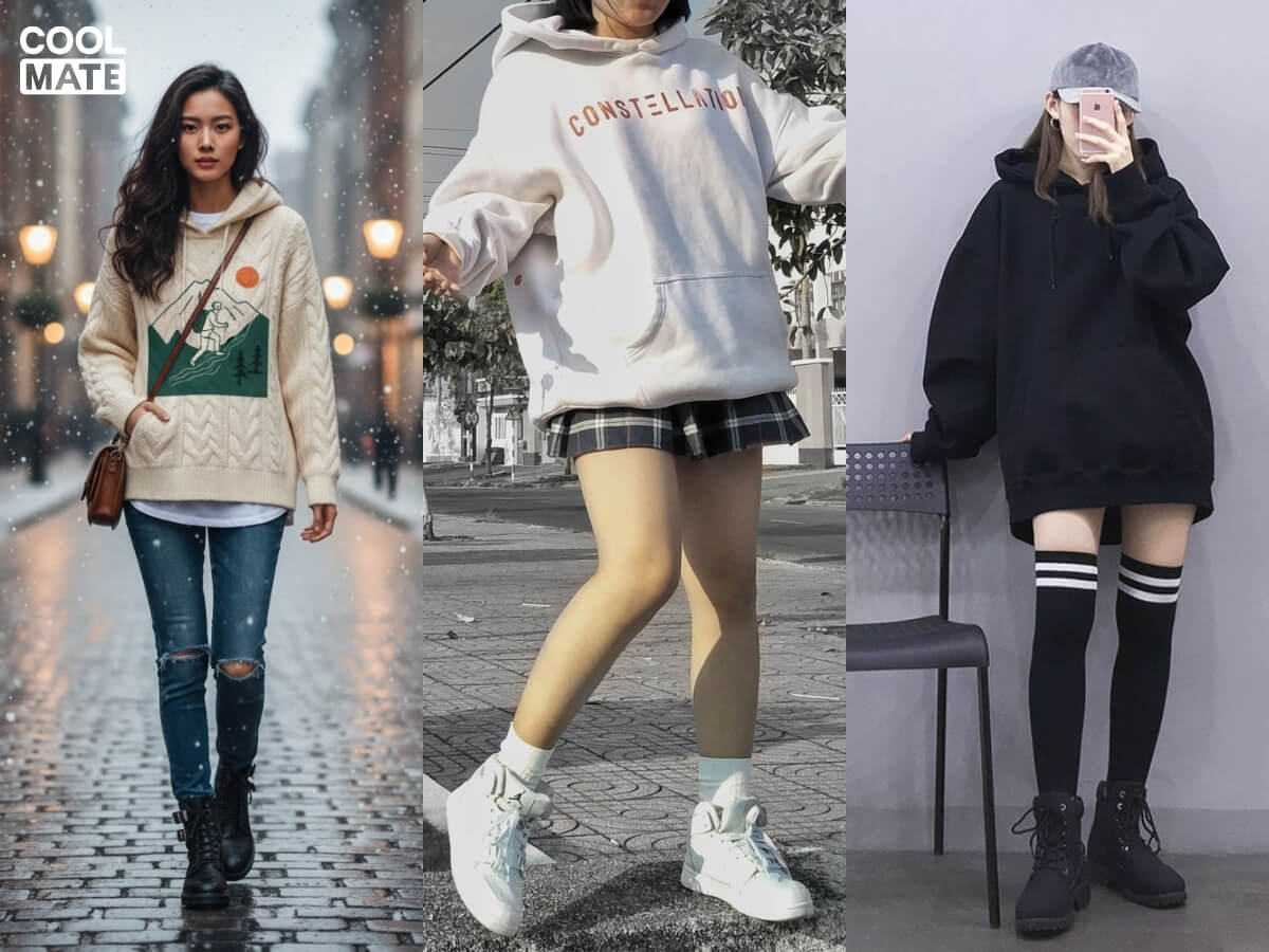 Phối đồ với áo hoodie in hình cho nữ
