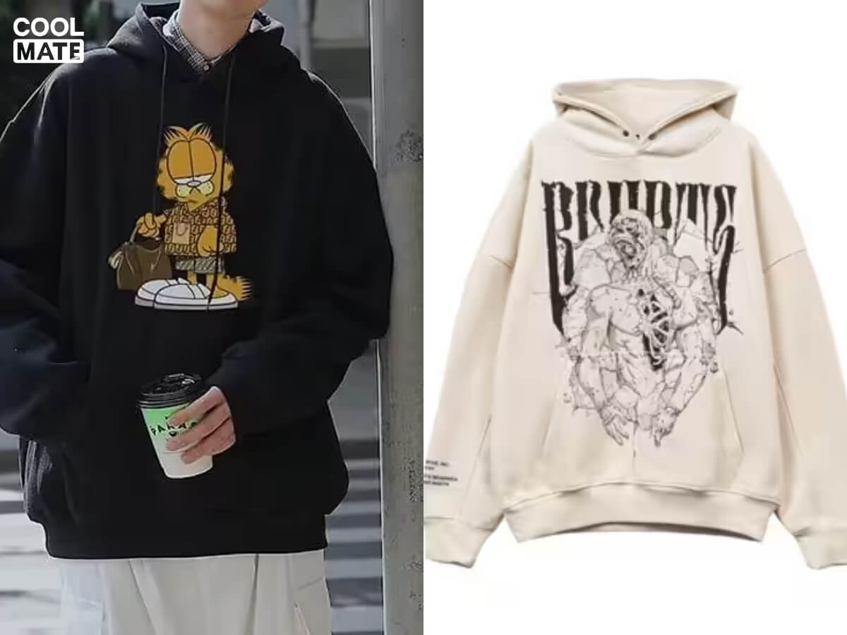 Áo hoodie in hình cơ bản là hoodie form rộng có mũ và họa tiết in, vừa ấm áp vừa cá tính