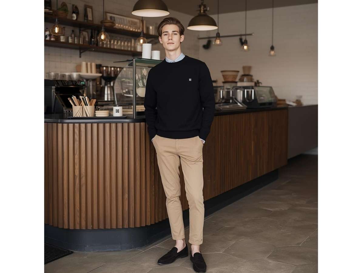 Mặc áo sweater đen form regular-fit phối cùng quần kaki màu be và giày loafer
