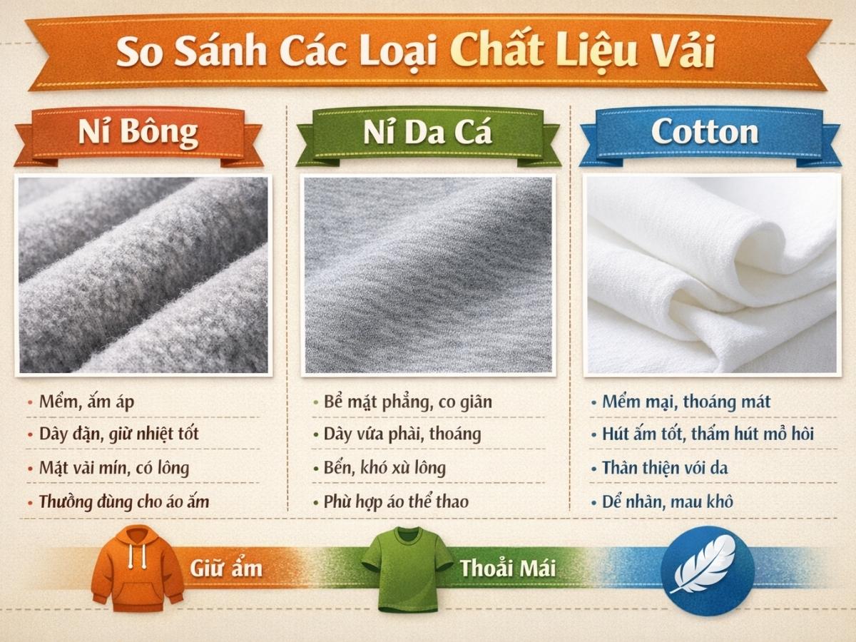 Infographic so sánh trực quan 3 loại chất liệu vải: nỉ bông, nỉ da cá, cotton