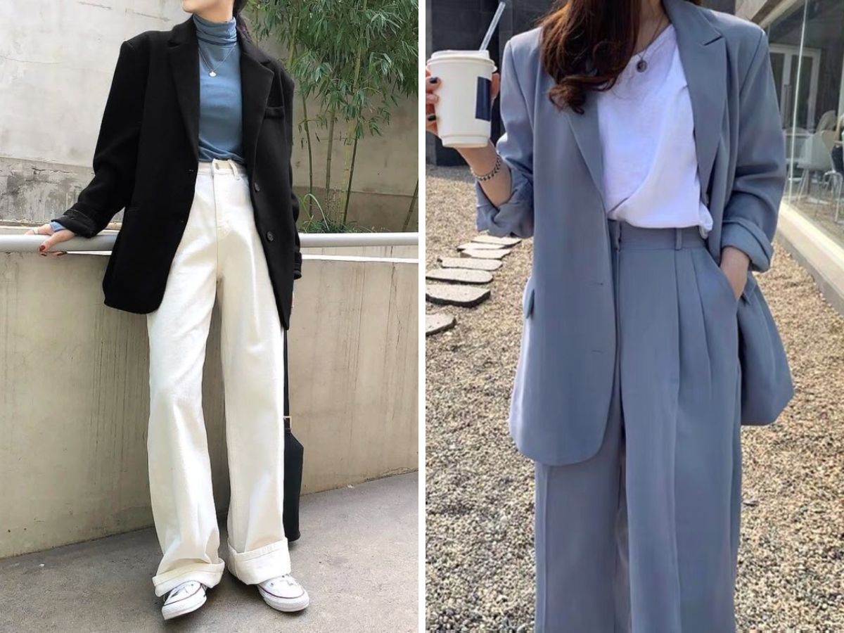 Thanh lịch công sở với Blazer dáng dài + quần tây ống rộng/suông