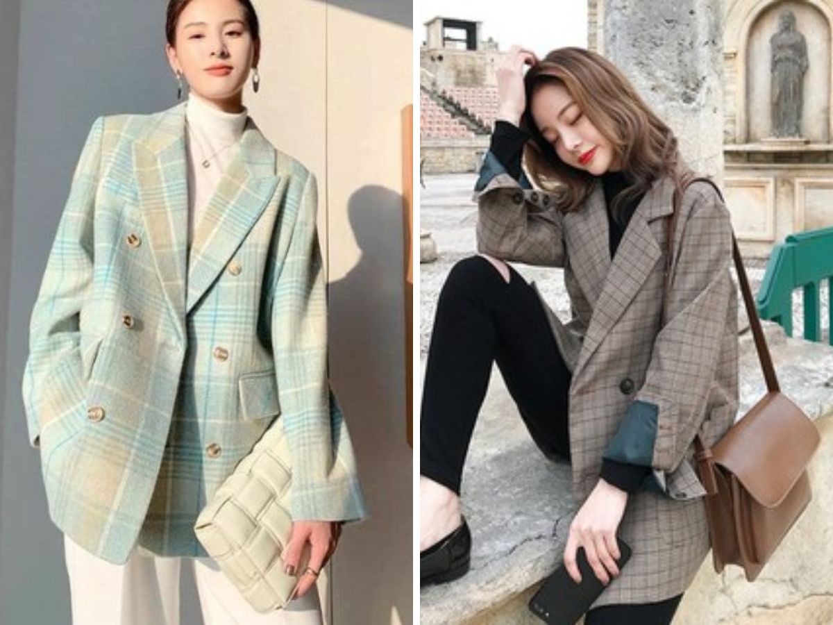 Phối Blazer kẻ sọc + Áo len mỏng/Áo cổ lọ + Quần ống rộng/Culottes