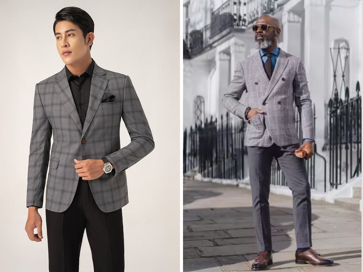 Phối Blazer kẻ sọc + Áo sơ mi + Quần tây