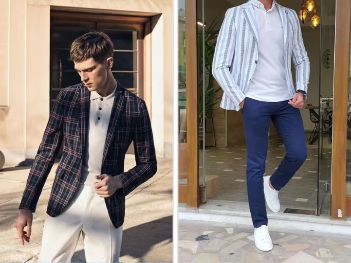 Phối Blazer kẻ sọc + Áo Polo + Quần Kaki