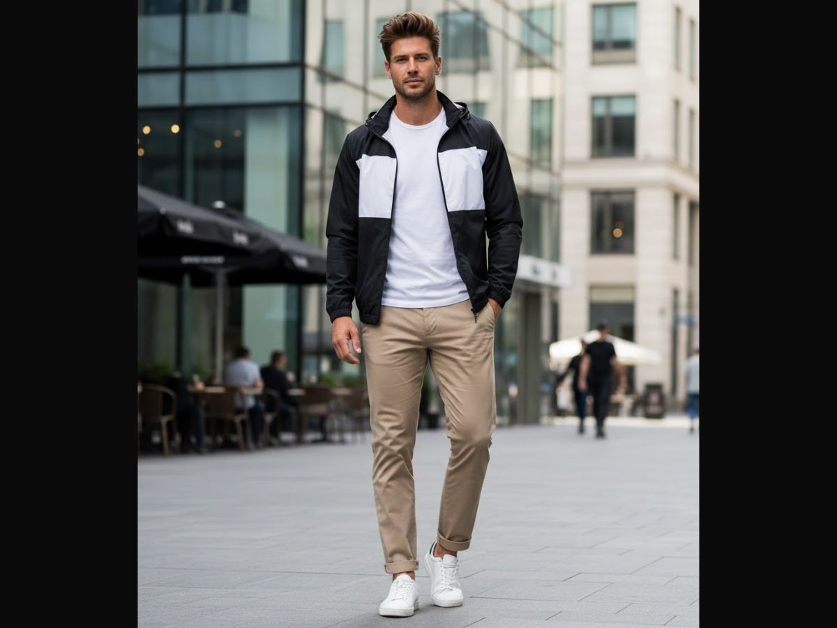 Mặc áo khoác dù phối màu đen-trắng, kết hợp với quần kaki be và áo thun trắng theo phong cách smart-casual.