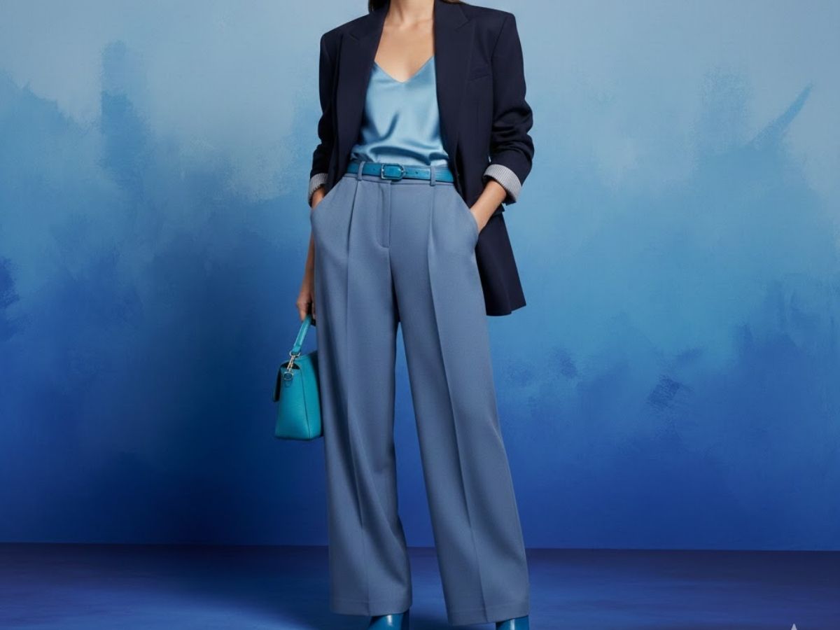 Outfit phối theo phong cách ton-sur-ton với các sắc độ xanh khác nhau