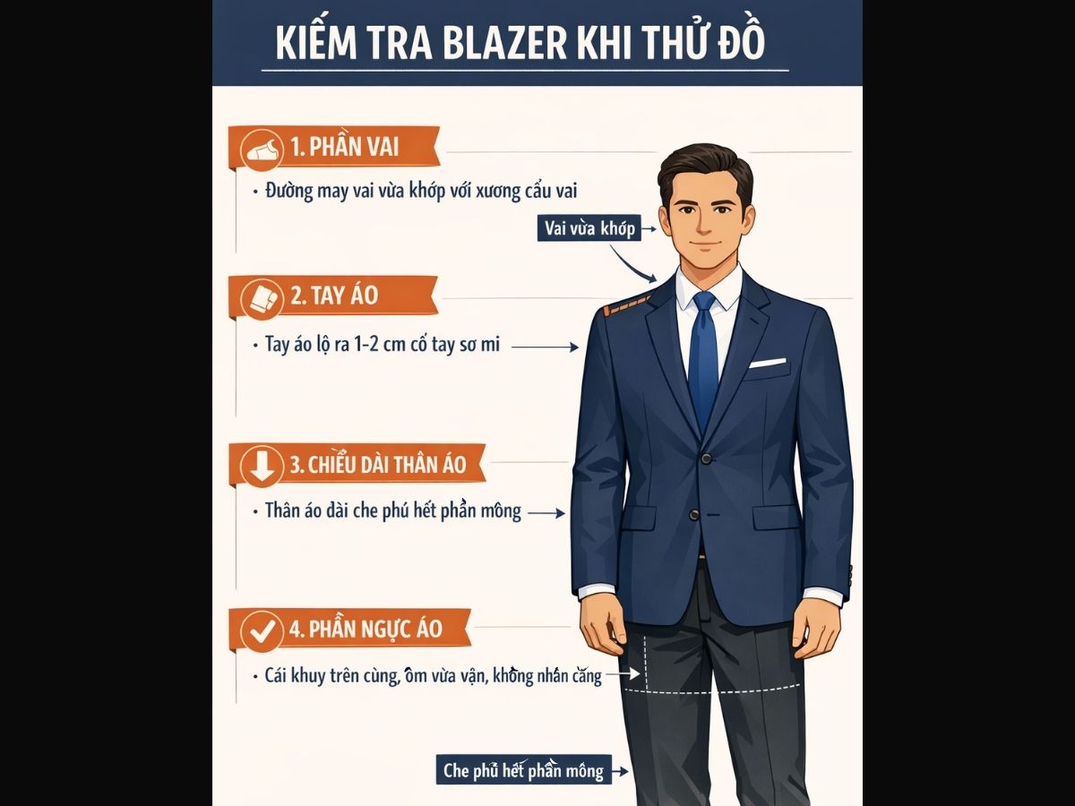 Infographic chỉ rõ 4 điểm cần kiểm tra khi thử blazer: vai, tay, thân, ngực