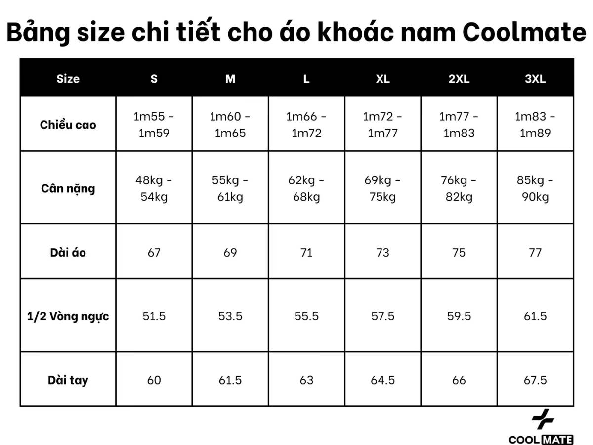 Bảng size áo khoác chi tiết của Coolmate