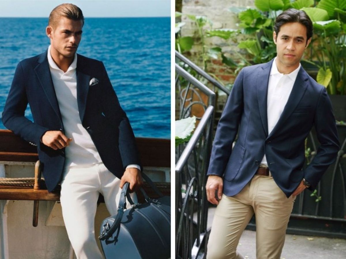 Quý ông mặc blazer xanh navy, áo sơ mi trắng, quần chinos đang tự tin sải bước trên đường phố Châu Âu