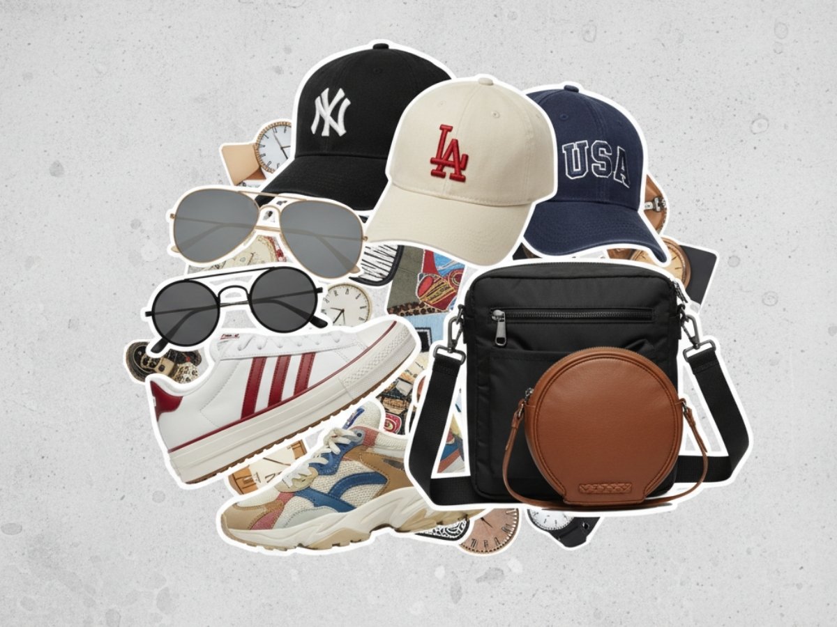 Ảnh collage các loại phụ kiện như mũ lưỡi trai, kính râm, sneaker và túi đeo chéo