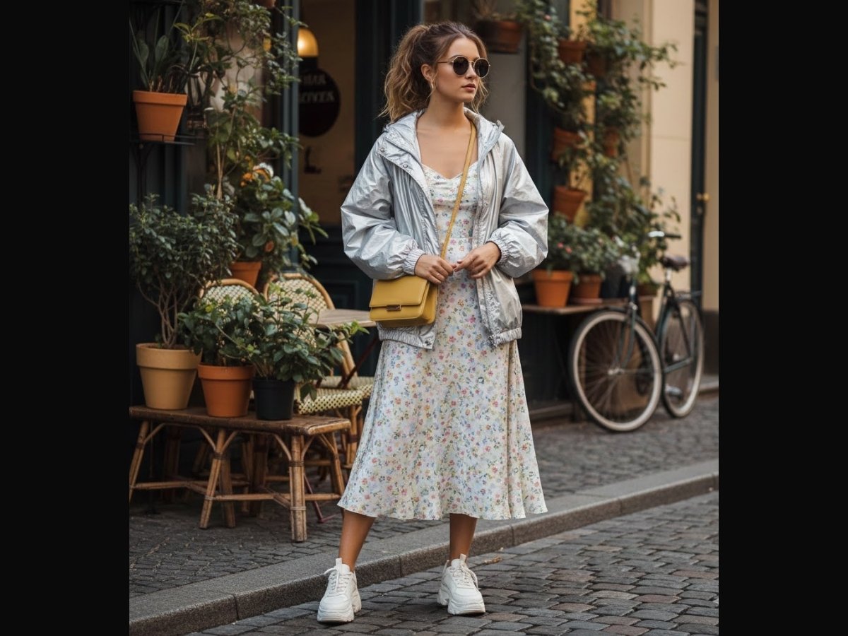 Cô gái phong cách mặc áo khoác dù bên ngoài một chiếc đầm suông hoa nhí