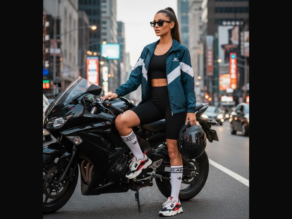 Người mẫu nữ trong set đồ áo khoác dù, biker short đen, tất cao cổ và sneaker
