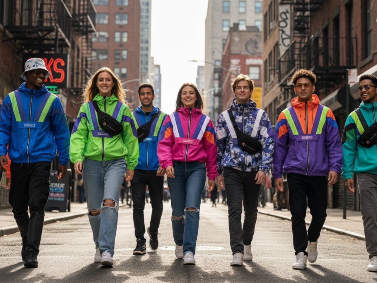 Các bạn trẻ nam nữ mặc áo khoác dù phối màu trên đường phố, thể hiện phong cách năng động và cá tính