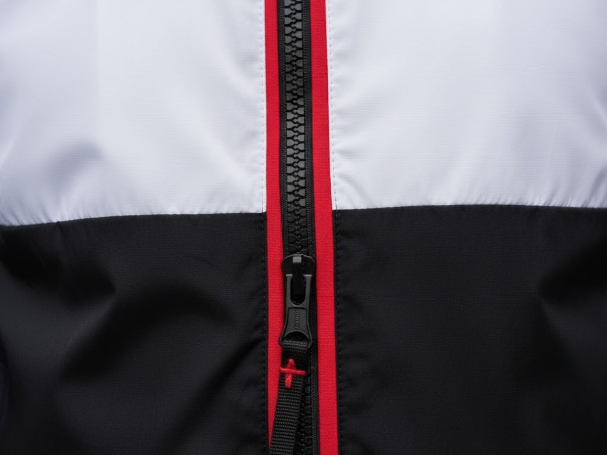 Cận cảnh chi tiết khóa kéo và đường viền màu đỏ nổi bật trên nền áo khoác dù màu đen trắng
