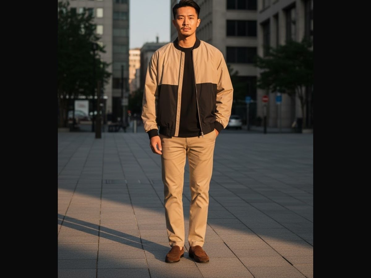 Người mẫu nam mặc áo khoác dù phối màu be-đen cùng quần kaki màu be và giày lười
