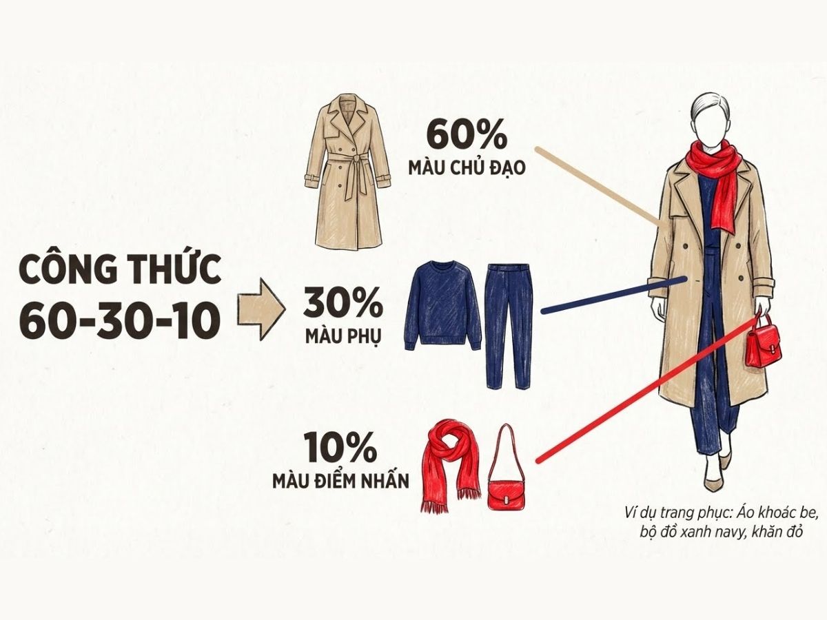 Infographic giải thích công thức 60-30-10 trên một bộ trang phục cụ thể
