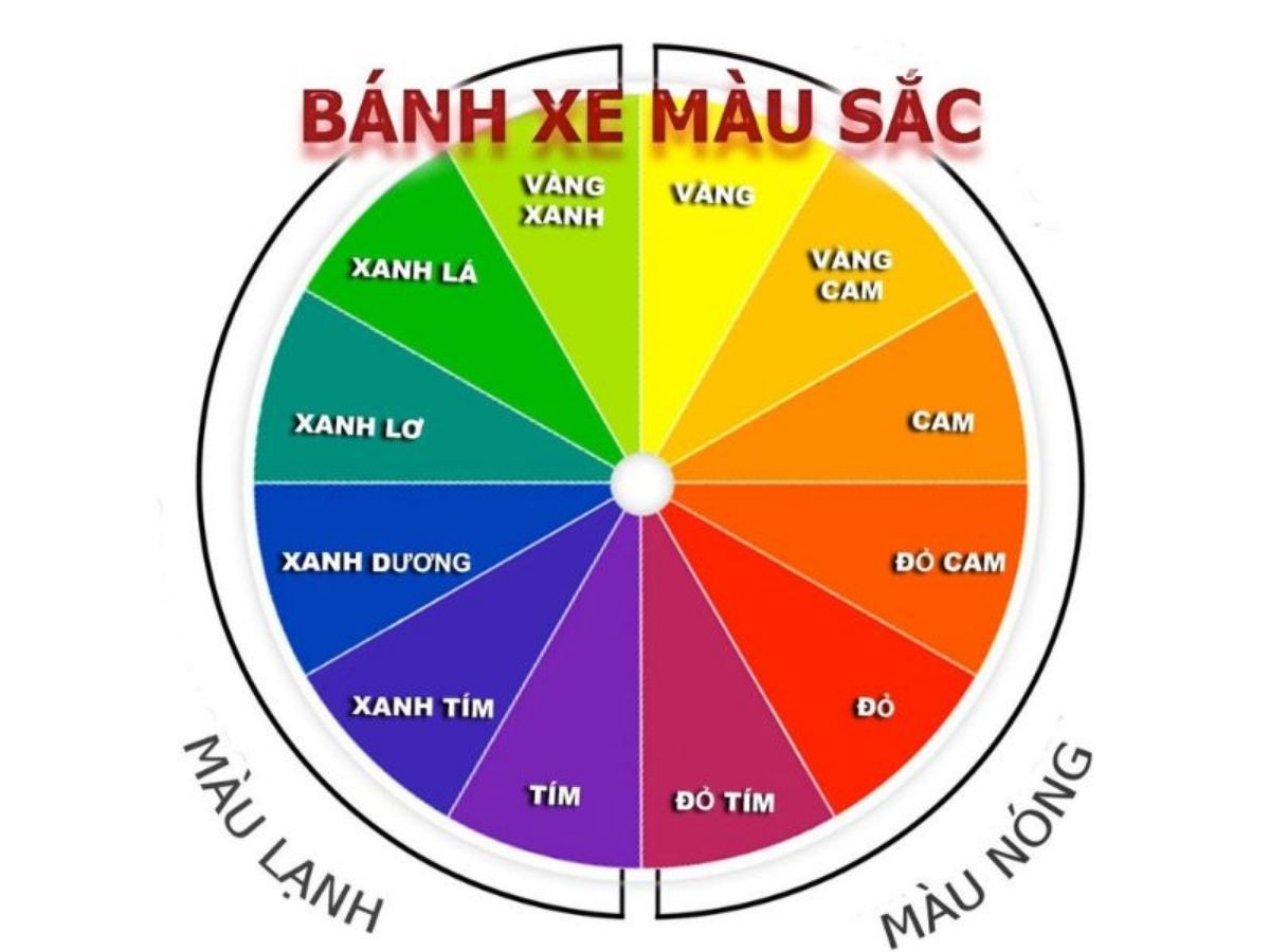 Infographic đơn giản về bánh xe màu sắc, chỉ rõ cặp màu tương đồng và cặp màu bổ túc