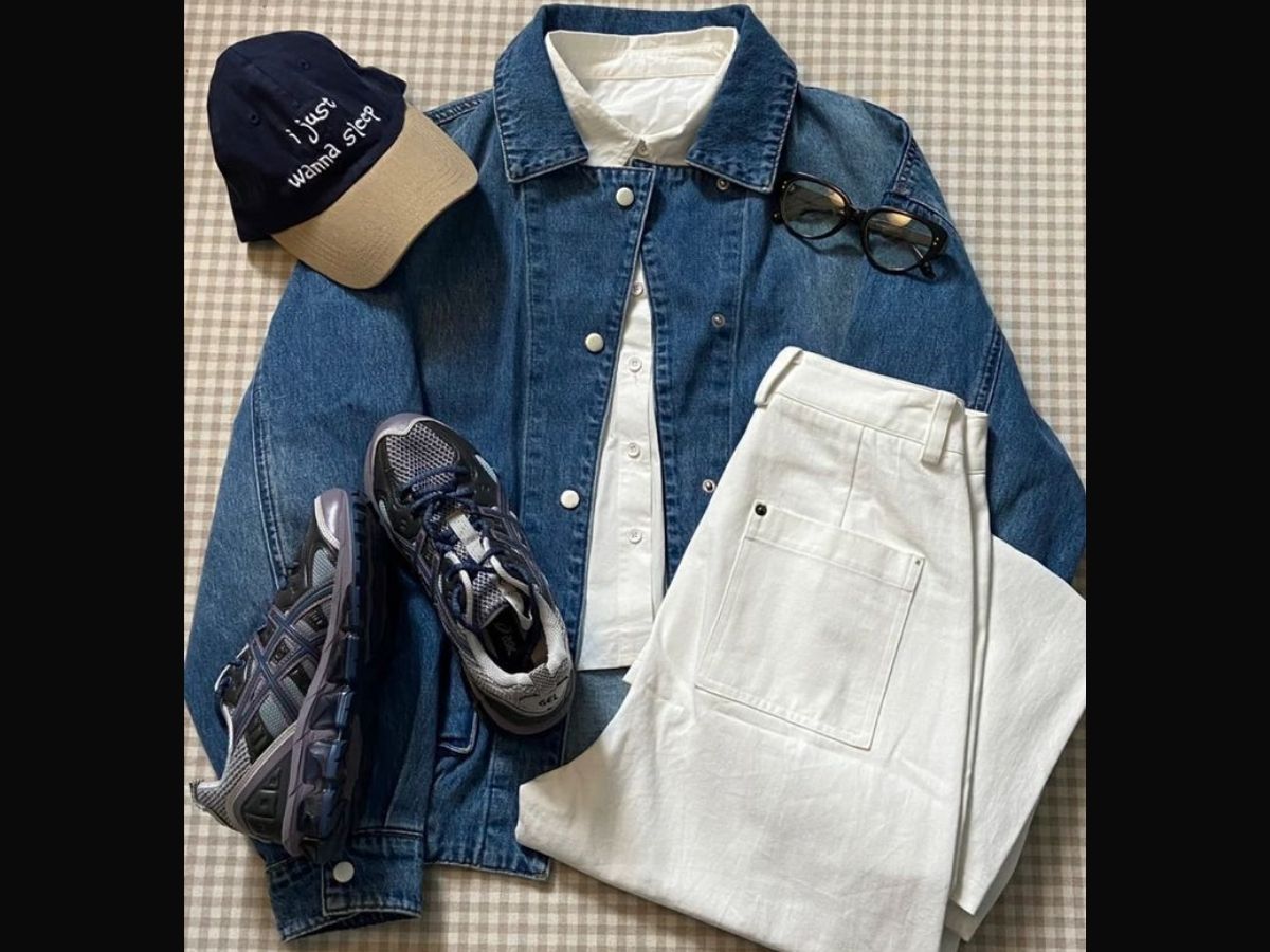 Phối một chiếc áo khoác jeans cùng mũ lưỡi trai, giầy và kính