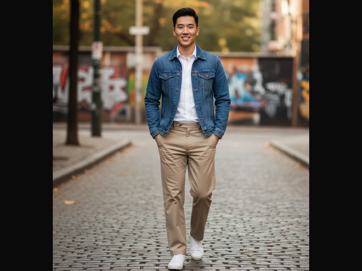 Chàng trai mặc áo sơ mi trắng, quần tây ống rộng màu be và khoác ngoài áo khoác jeans xanh cổ điển