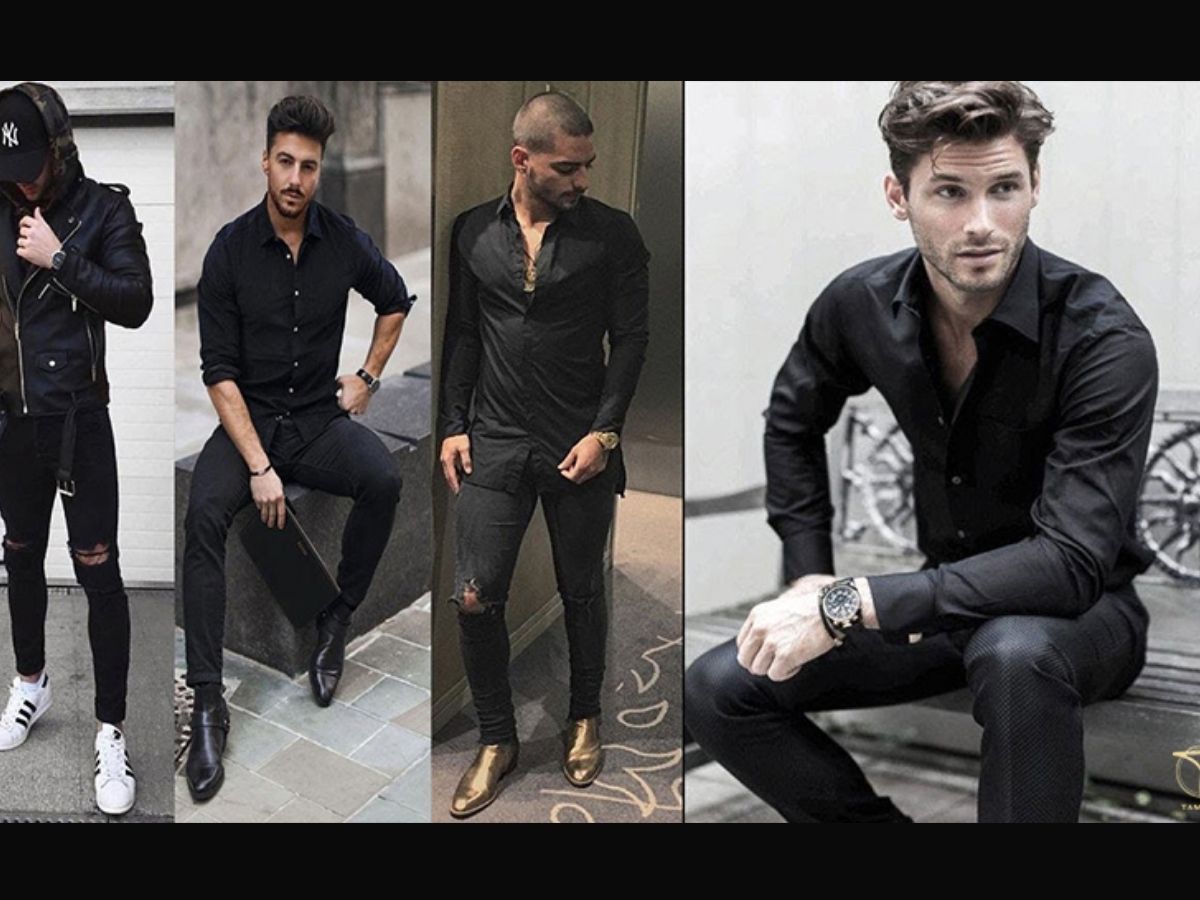 Người mẫu nam trong set đồ all-black, cận cảnh vào các chi tiết phụ kiện như dây chuyền bạc và đồng hồ