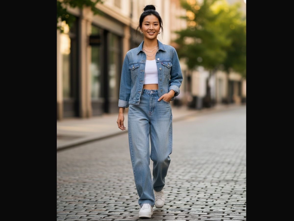 Cô gái mặc áo khoác jeans, crop top trắng, quần ống rộng màu xanh nhạt và đi sneaker