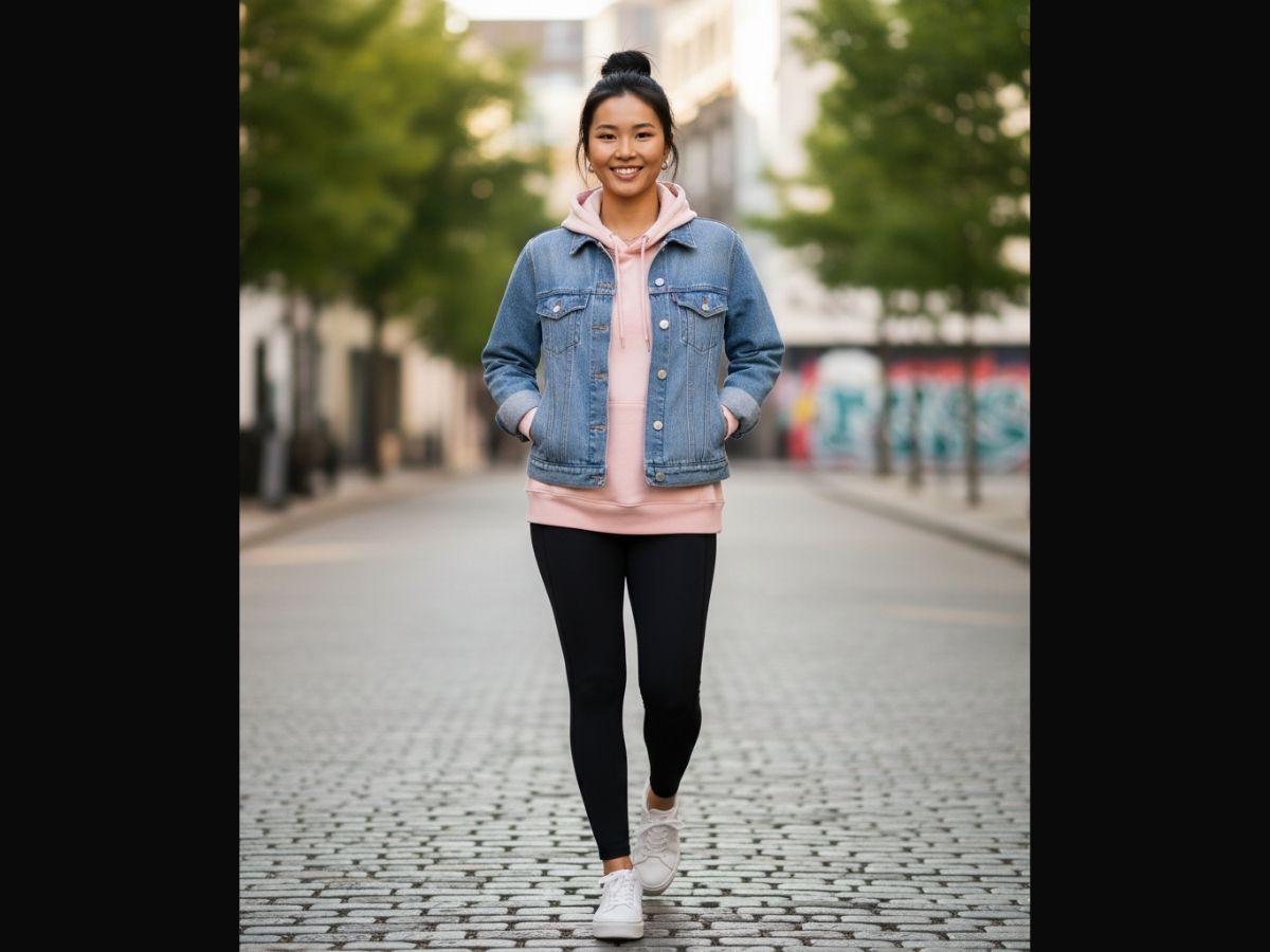 Bạn nữ mặc áo khoác jeans, hoodie màu hồng pastel và quần legging đen