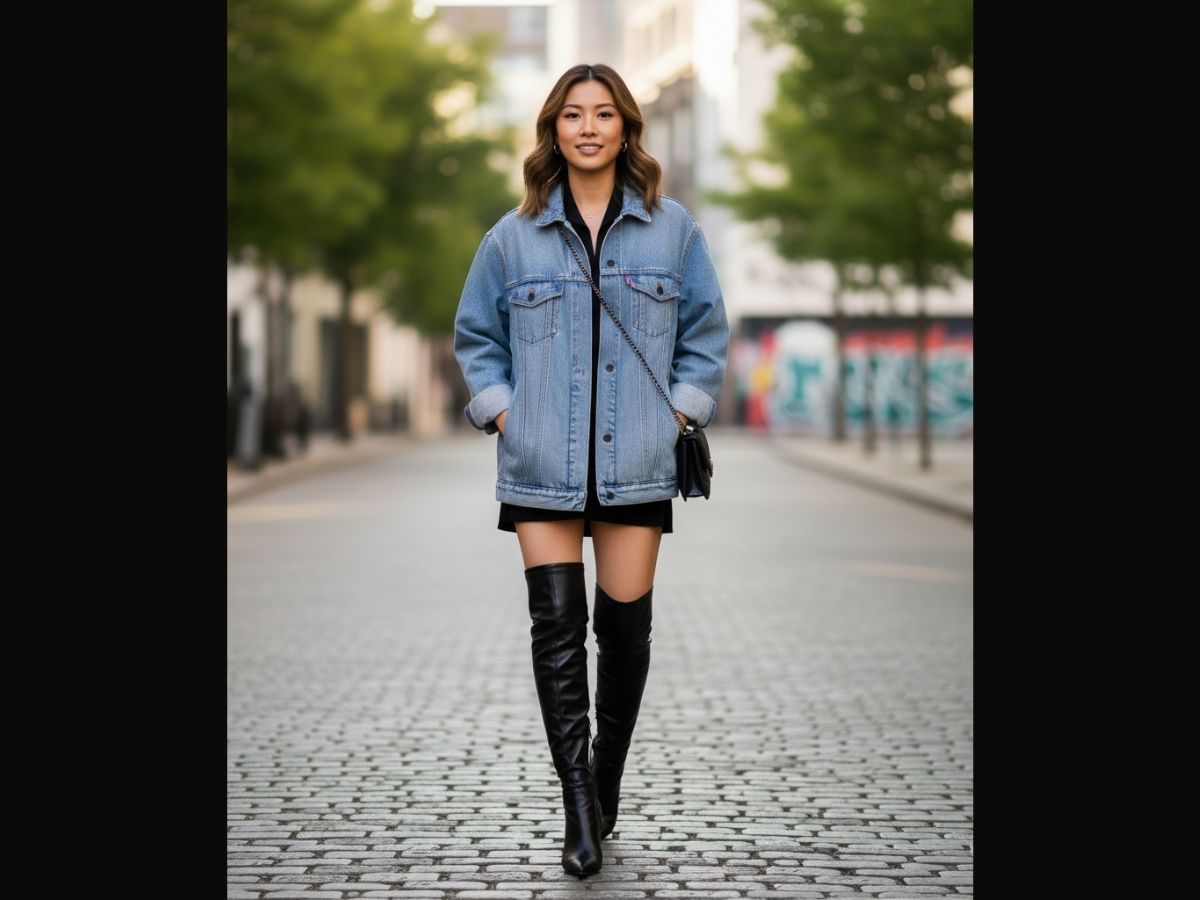 Cô gái diện mốt giấu quần với áo khoác jeans oversized và boots cao cổ
