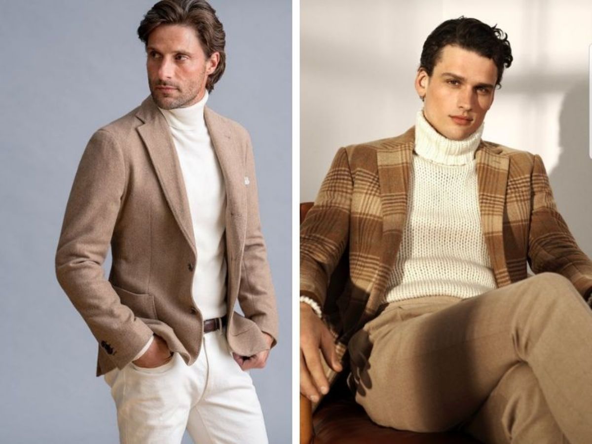 Phong cách layering với blazer tweed, áo len cổ lọ và quần kaki