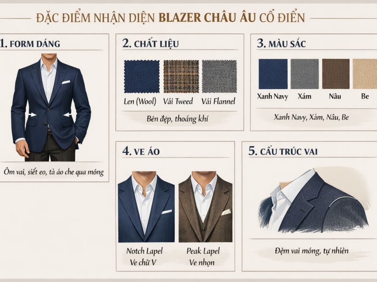 Infographic tóm tắt 5 đặc điểm nhận diện của blazer Châu Âu cổ điển