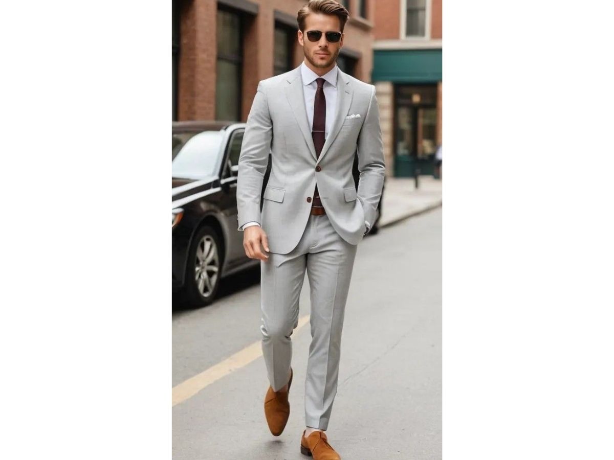 Bộ trang phục hoàn chỉnh gồm blazer, sơ mi trắng, quần tây xám và giày da Oxford