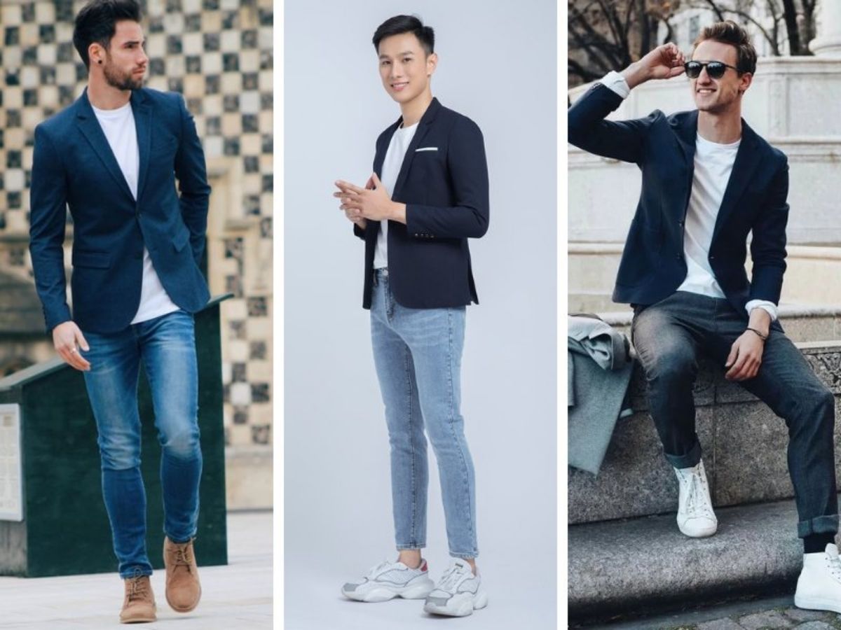 Phối blazer với áo thun trắng trơn và quần jeans xanh