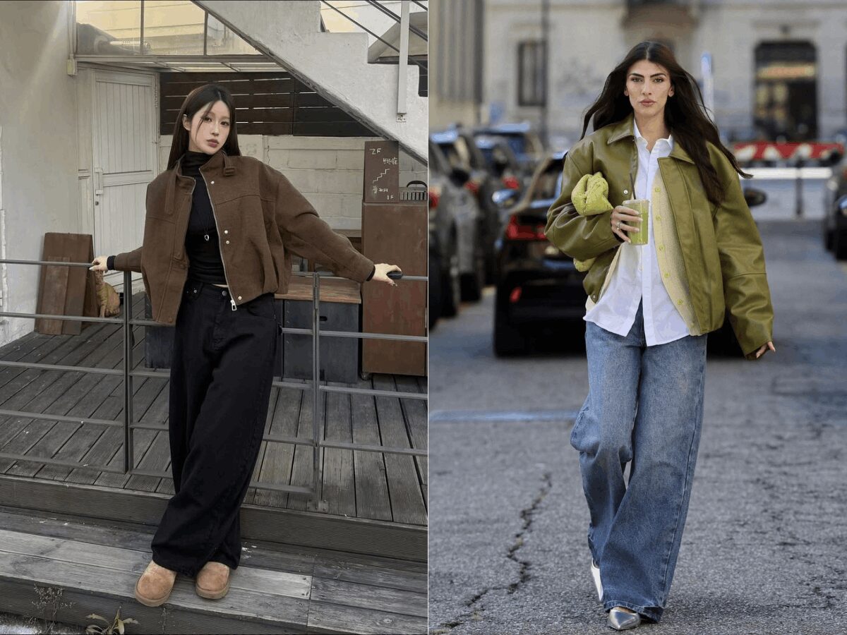 Phối đồ thanh lịch dạo phố với set đồ áo khoác kéo khóa và quần ống rộng