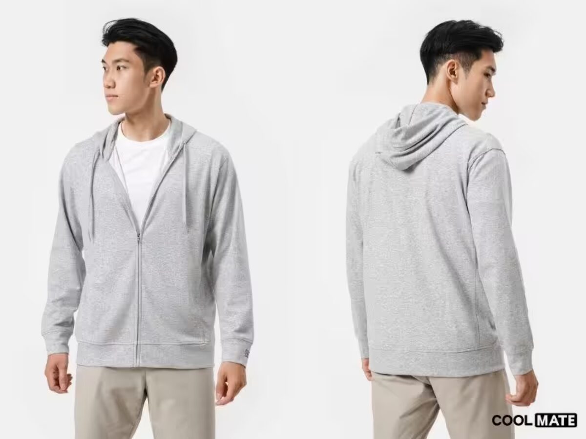 Chiếc áo hoodie zip màu xám của Coolmate