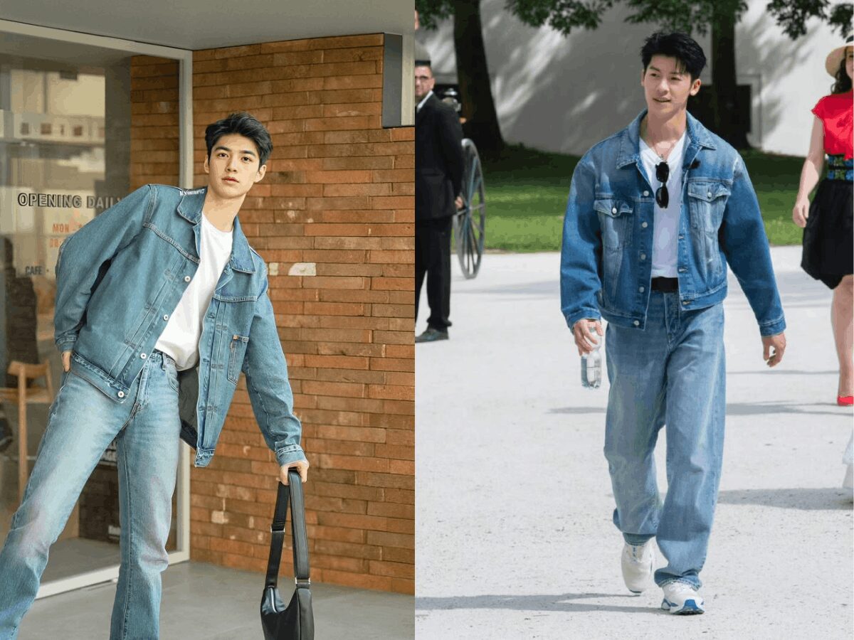 Chàng trai mặc áo khoác ngoài áo jean form rộng phối với áo thun cơ bản và quần jeans 