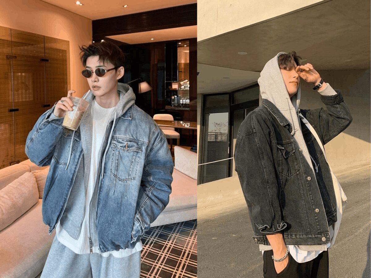 Chàng trai mặc hoodie xám bên trong, khoác áo jean xanh bên ngoài