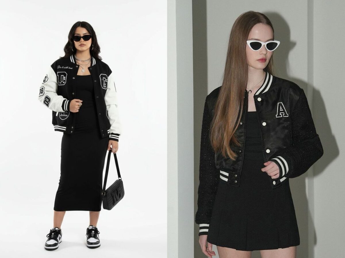 Dạo phố với chiếc váy liền thân và khoác ngoài một chiếc áo Varsity Jacket