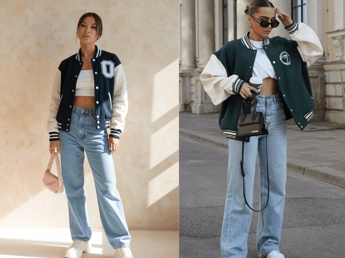 Cô gái sành điệu với áo Varsity Jacket cùng quần jeans ống rộng