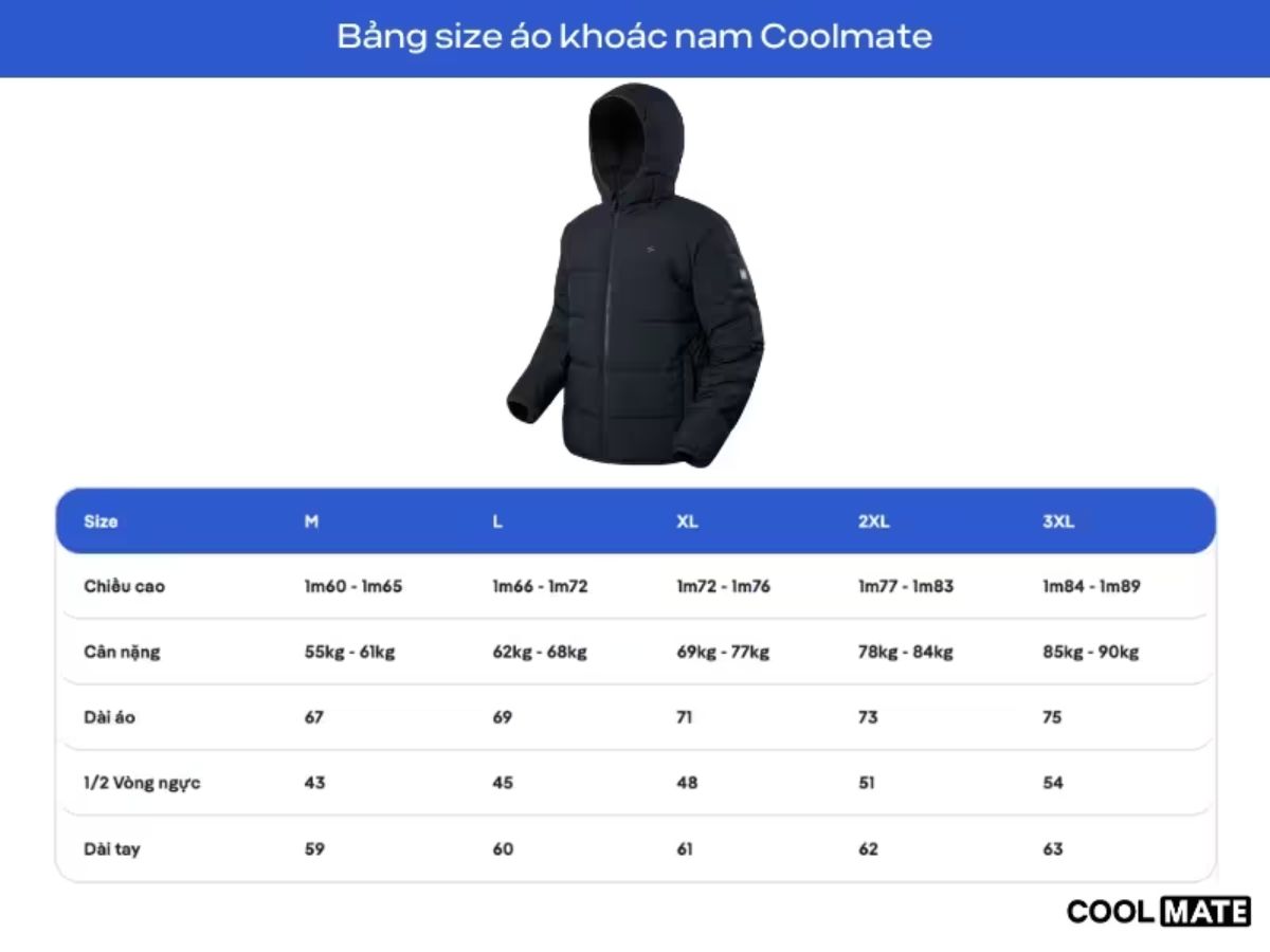 Tham khảo bảng size áo khoác nam tại Coolmate