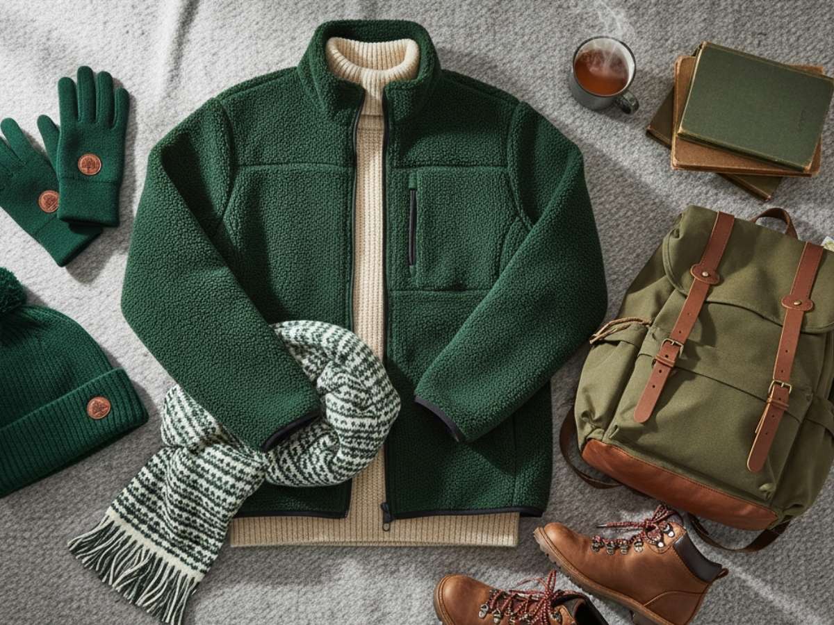 Ảnh flatlay sắp xếp đẹp mắt một set đồ hoàn chỉnh gồm áo khoác nỉ và các phụ kiện đi kèm