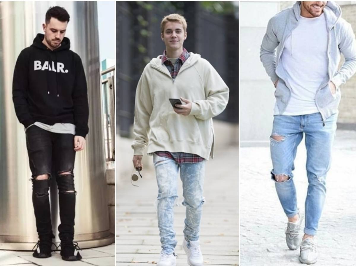 Áo khoác nỉ form rộng, quần jeans rách gối, và giày boots