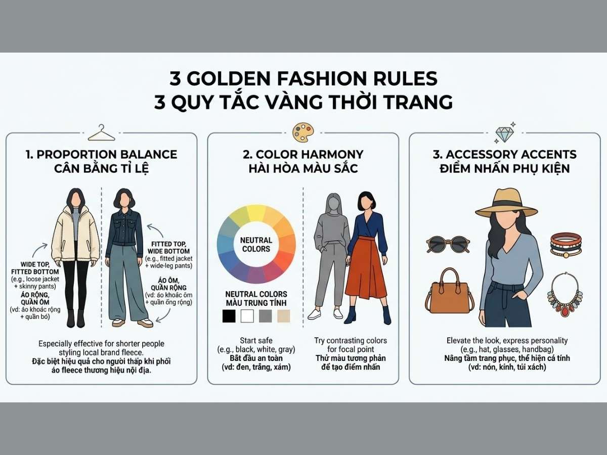 3 nguyên tắc vàng: Cân bằng tỉ lệ, Hài hòa màu sắc, Điểm nhấn phụ kiện
