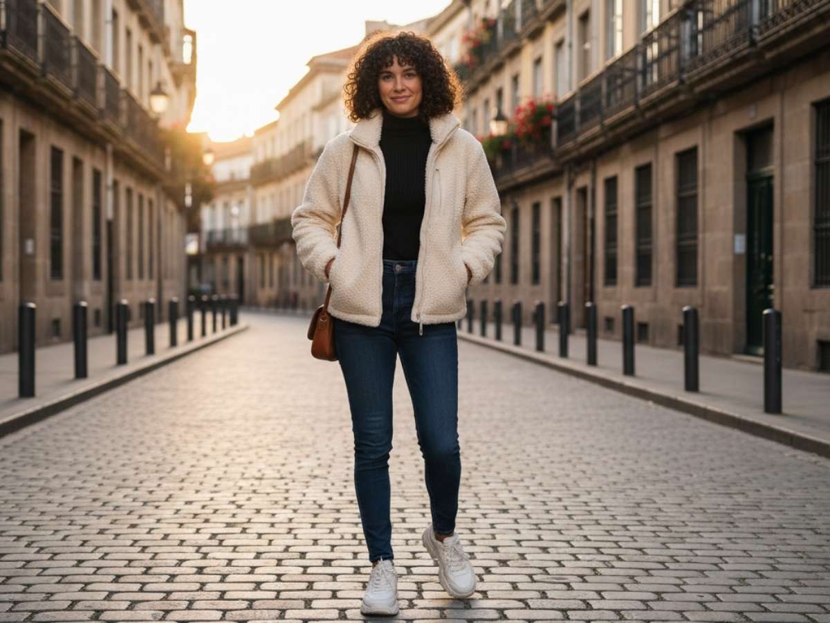 Mặc áo khoác nỉ zip, bên trong là một lớp áo len mỏng cổ lọ