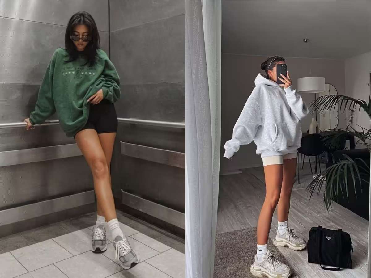 Mặc áo khoác nỉ oversized theo style giấu quần với biker shorts