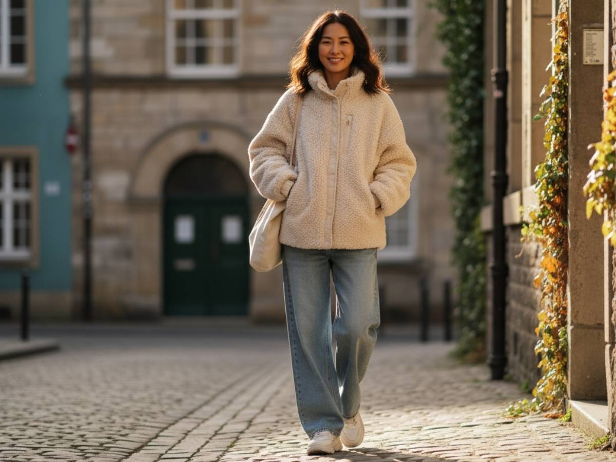 Áo khoác nỉ form rộng phối cùng quần jeans ống rộng, tạo dáng tự nhiên